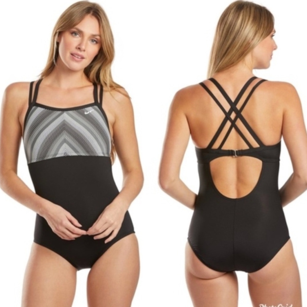 Nike Texture Stripe Double Cross-Back One-Piece Black Swimsuit Size M